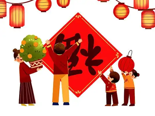 彩色手绘卡通新年春节习俗挂灯笼贴春联一家人元素png素材