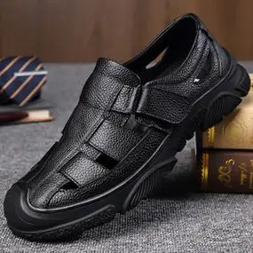 包头皮凉鞋男真皮夏季透气软底防滑中年爸爸鞋头层牛皮男士洞洞鞋