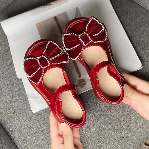 儿童红色皮鞋2022春秋季新款网红女童玛丽珍公主鞋宝宝蝴蝶结单鞋