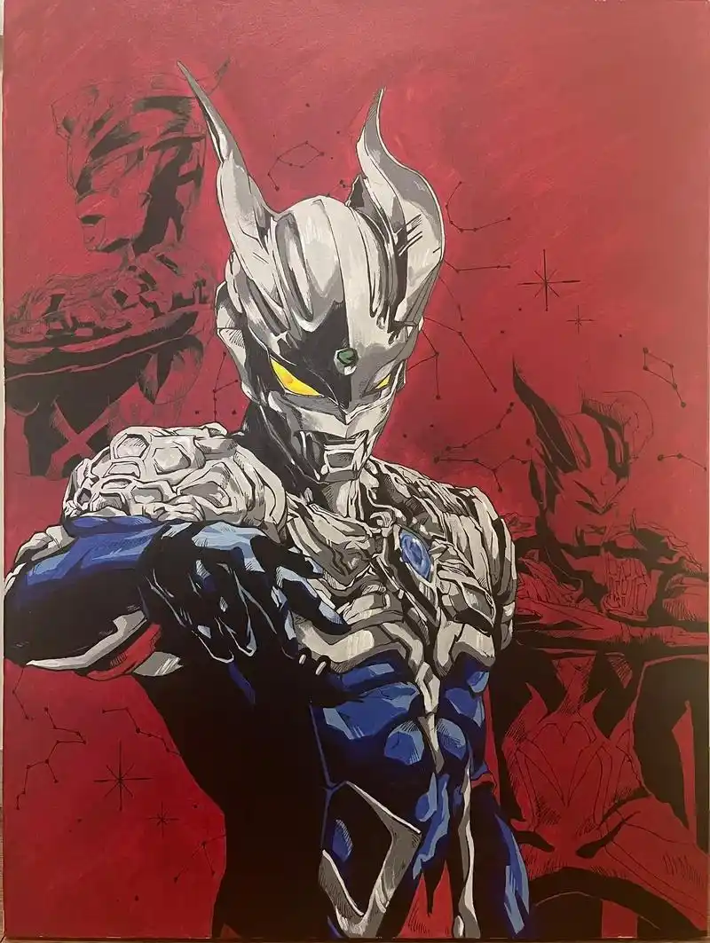 手绘赛罗奥特曼海报,临摹的,断断续续画了好久,算是完成了.找 - 抖音