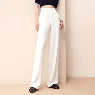 白色雪纺阔腿裤 高腰拖地宽松弹力休闲裤 女夏季 垂感冰丝直筒裤 薄款