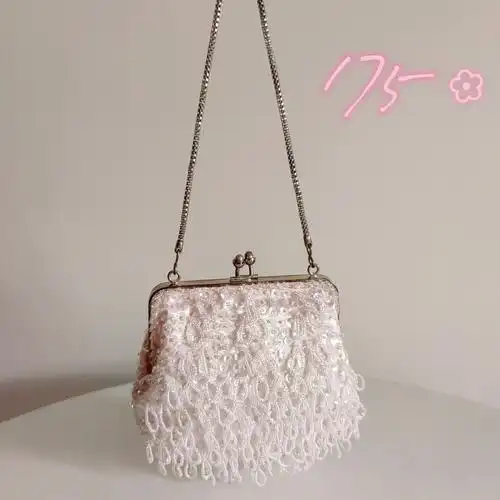 日本中古vintage昭和年代粉色珠珠包蛙口