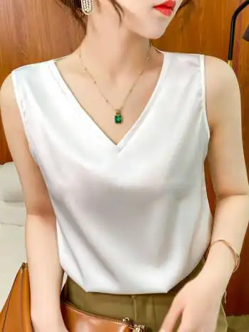 融斤真丝小吊带背心女v领内搭打底醋酸缎面无袖外穿宽松丝质上衣醋酸