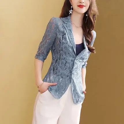 欧洲站镂空蕾丝小西装外套女2020夏季新款五分袖薄款修身小西服