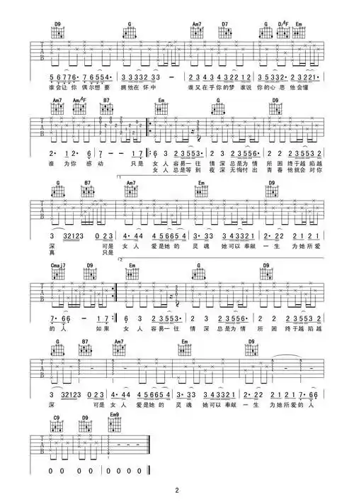 当前问吉他谱共有高清图片谱2张,采用g调指法弹奏         ;歌词片段