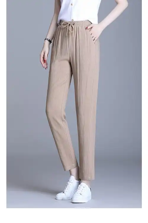 皮尔卡丹高档品牌亚麻女裤春秋薄款2022新款高端大尺码棉麻裤子女装九