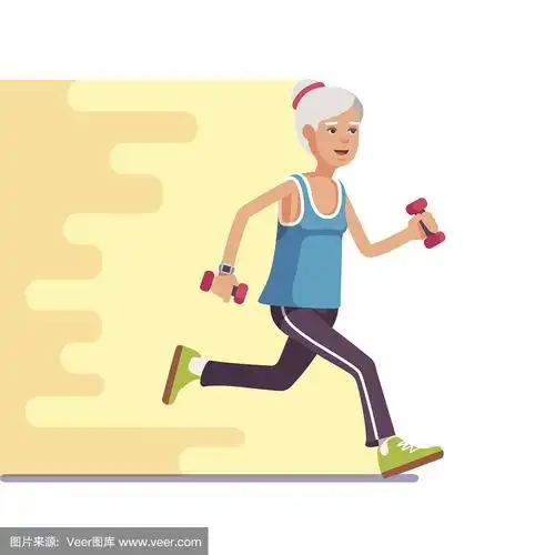 健康的老妇人用哑铃慢跑