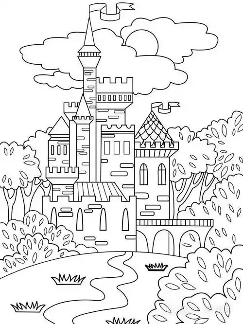 在森林里的孩子彩色图片城堡这座建筑是用砖砌成的儿童着色黑线线