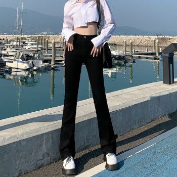 丽趣诗喇叭裤女今年流行的新款黑色开叉微喇牛仔裤春秋2023年高腰显瘦