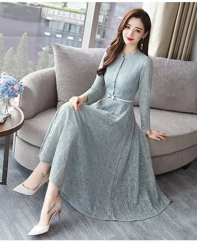 女装 春新品 2019春秋季新款蕾丝连衣裙长款女收腰显瘦气质长裙大码