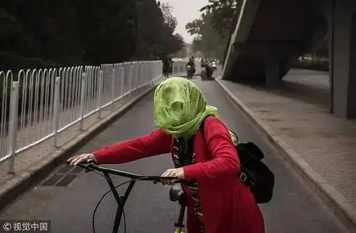 2017年5月4日,北京遇沙尘天气,一名妇女用丝巾裹住头部.