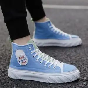 浅蓝色牛仔高帮帆布鞋子初中高中学生滑板鞋男青少年韩版百搭潮鞋