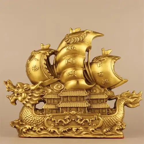 古韵斋 黄铜船一帆风顺帆船摆件黄铜龙船龙头船客厅办公室摆件
