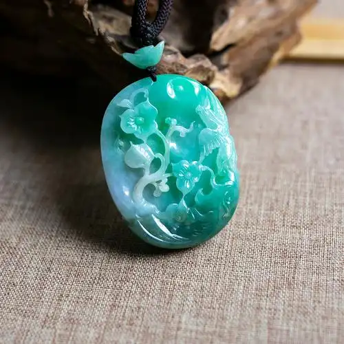 锦玉天然翡翠挂件吊坠翠绿花鸟fc122颈饰