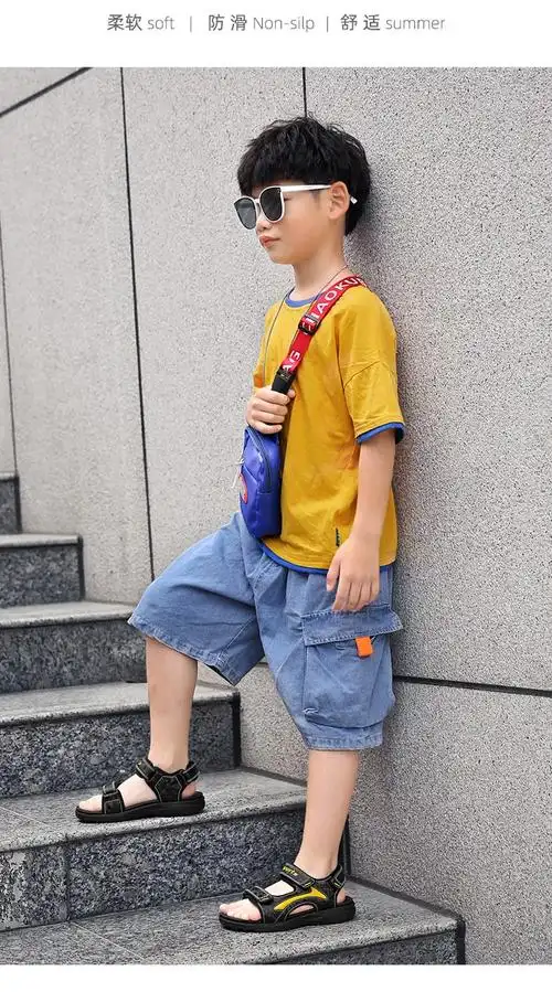 凉鞋男童凉鞋夏季小中大童儿童时尚软底男孩露趾沙滩鞋子wwhc2206黑橙