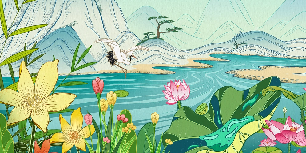 图一图三主要都是用荷花和鹤为主要元素创作,表达仙鹤之美的意境.