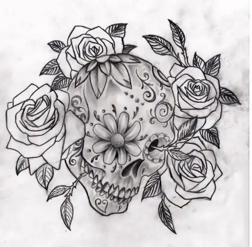 多款黑灰素描点刺技巧文艺唯美花朵霸气骷髅纹身手稿(9/9)