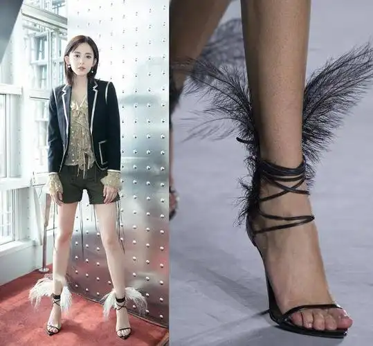 saint laurent羽毛鞋了,羽毛 绑带 细高跟,一双上脚帮你瞬间补回仙气