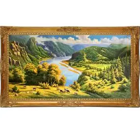 锦绣山河 欧式客厅风景油画手绘 大气横幅有框画古典风景油画现货