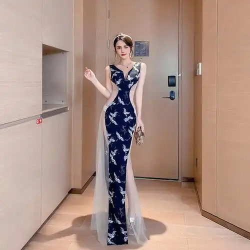 半透视长裙_夜场晚礼服21新款长款网纱拼接低胸半透视礼服裙名媛宴会