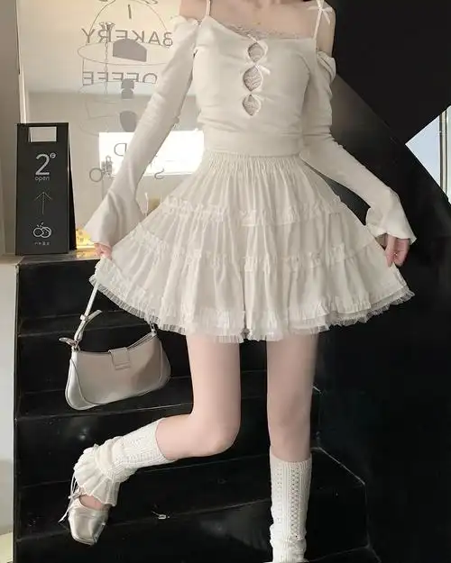 实拍实价 新款甜美辣妹芭蕾风短裙超仙蓬蓬裙高腰显瘦蛋糕a字裙