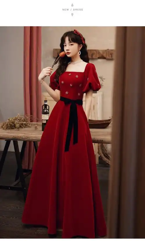 敬酒服新娘2022新款冬季礼服订婚女丝绒春晚主持人同款红色连衣裙主持