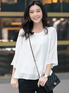 喇叭袖雪纺衫女2019夏装新女装七分袖上衣时尚百搭小衫胖mm欧洲站