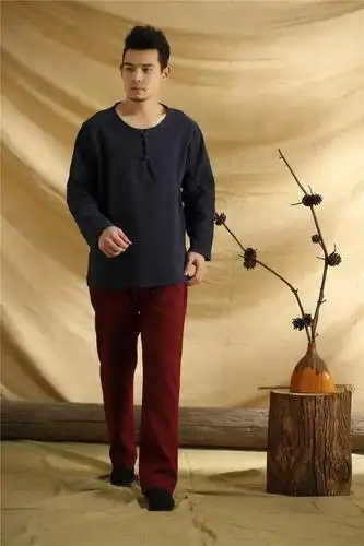 麻布衣服男新款衬衫复古民族圆领宽松亚麻棉t恤2020 米蓝色 m