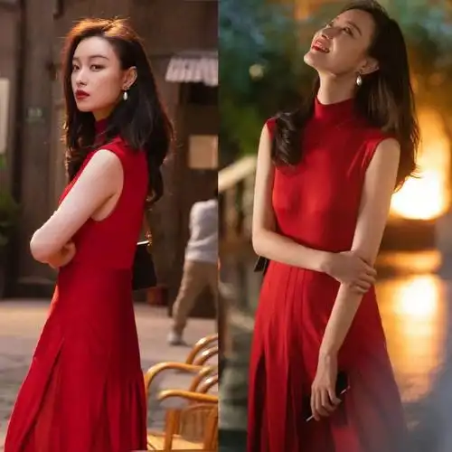 朱锁锁红色连衣裙