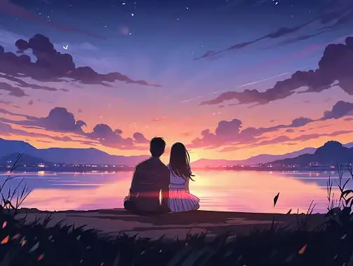 情侣紧挨着坐在一起的背影唯美浪漫情人节爱情双人手绘插画温馨氛围感