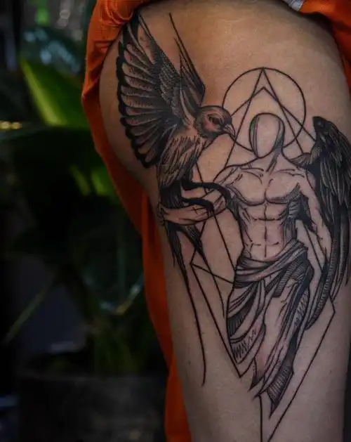 折翼天使纹身图片_腿部点刺几何纹身图案