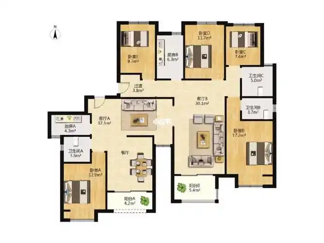 高新区改善天花板大平层六房三卫315w