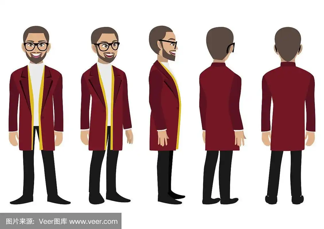 卡通人物与商人在动画长大衣.正面,侧面,背面,3-4视图动画角色.