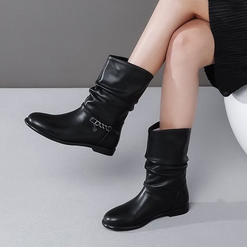 2022新款堆堆秋冬软皮圆头中筒靴