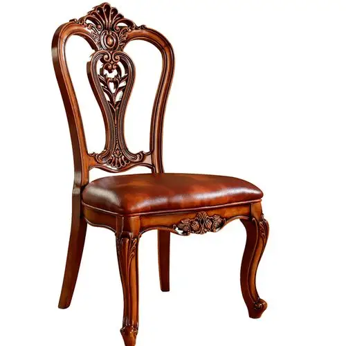 欧式餐椅实木雕花复古真皮家用靠背麻将凳子高档酒店洽谈扶手椅子