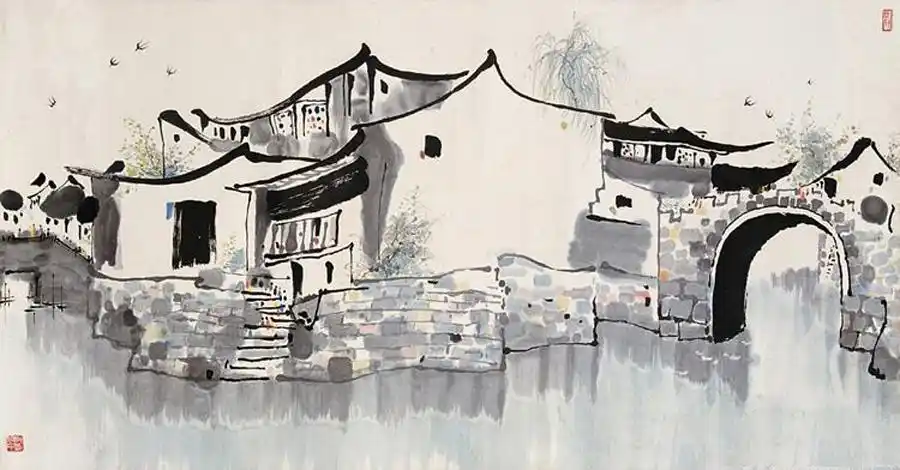 江南的水乡古镇仿佛刚从春雨蒙蒙之中舒醒过来……画家吴冠中仿佛是一