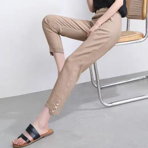 2021夏季新款亚麻女裤松紧宽松小脚哈伦裤薄款休闲裤