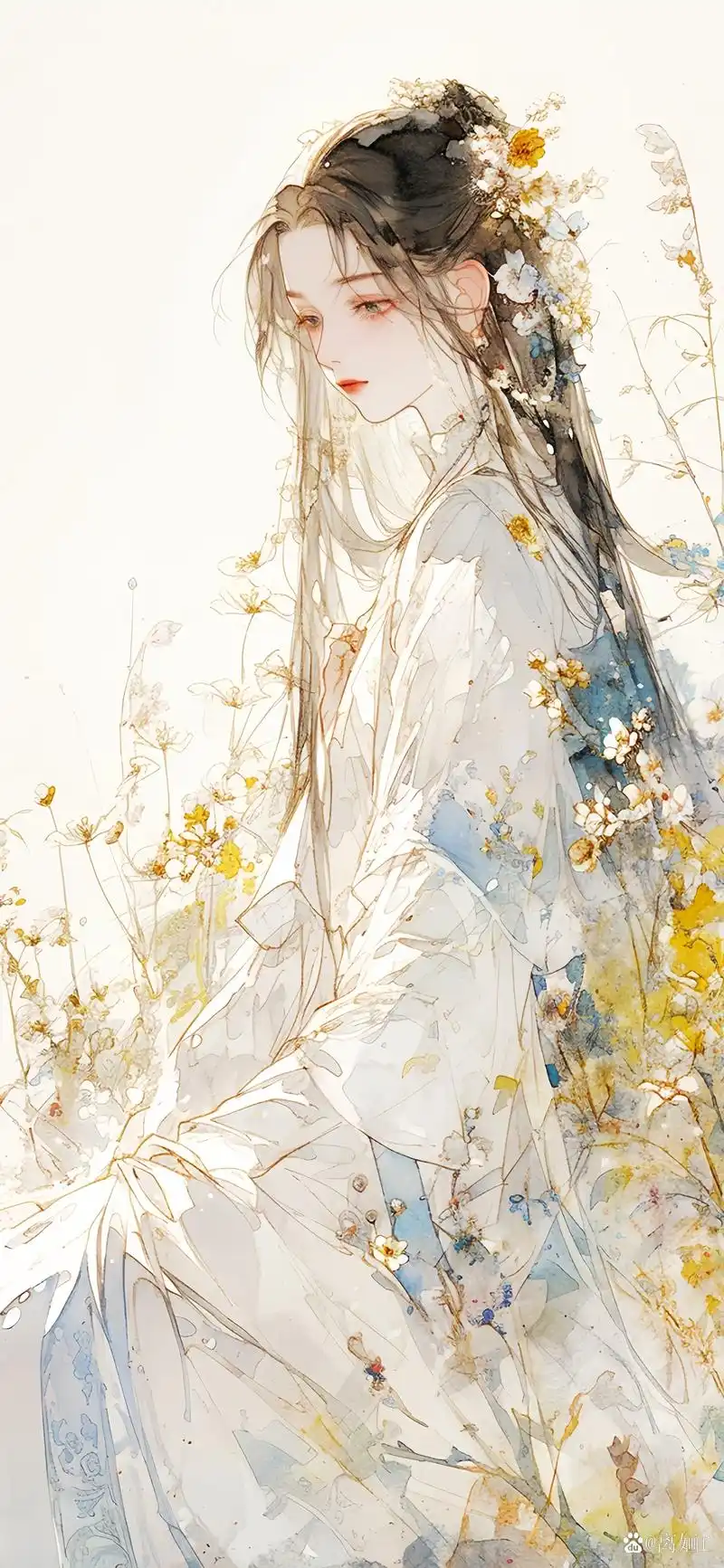 美图分享 小清新古风美人壁纸 在春日的微光下,一位女子静坐于碧绿的