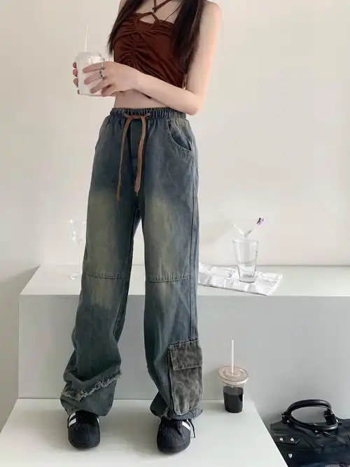 阔腿裤女2024年春夏新款松紧腰宽松显瘦拼接牛仔裤 - 17网