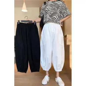 七分裤高腰灯笼裤女夏季新款宽松大码显瘦阔腿口袋休闲萝卜裤白色m