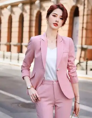 吊带小西装外套女2021秋冬时尚气质职业西服套装三件套西装sn2642粉色