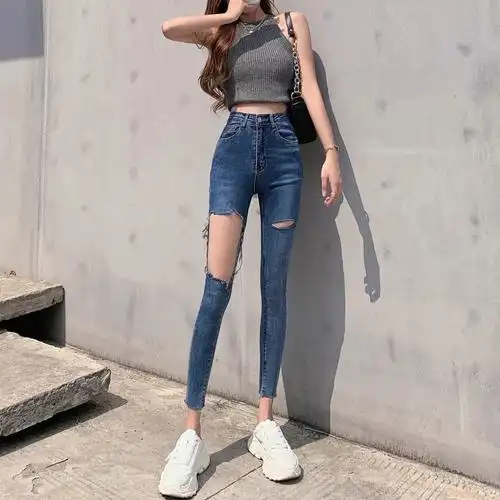 高腰大破洞牛仔裤女夏天薄款2021年新款显瘦弹力紧身小脚裤ins潮