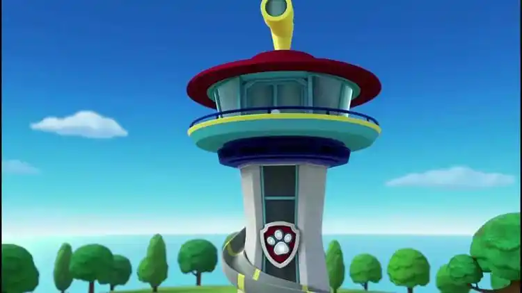 小曼从汪汪队总部的滑滑梯上滑下来,直接跳进了波特先生的车里