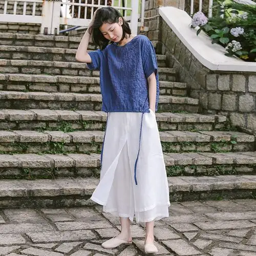 可然随伶/高支细亚麻 双层不透白色阔腿裤女夏宽松九分裤棉麻裙裤