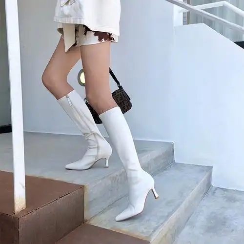秋冬季白色靴子女长靴不过膝高跟尖头细跟真皮弹力显瘦高筒长筒靴