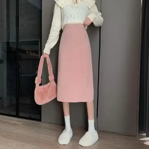 灯芯绒半身裙女秋冬季新款小个子粉色高腰显瘦开叉半身裙