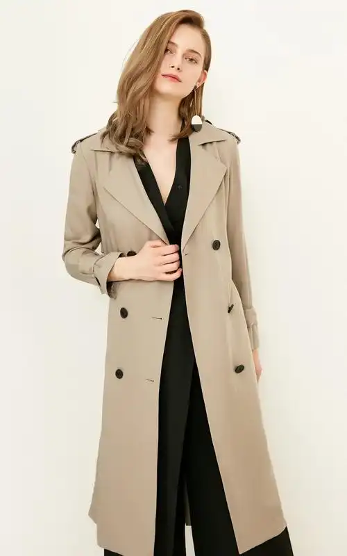 复古纯色女士双排扣系带商务休闲风衣外套