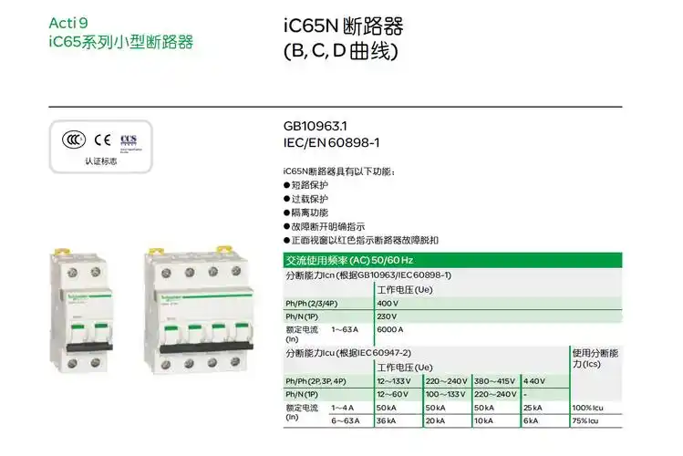 施耐德 ic65n 2p c63a 小型断路器 a9f18263