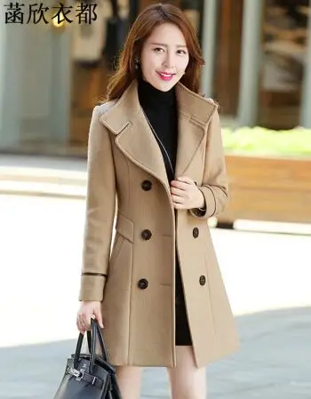 菡欣衣都2015冬装新款韩版女装中长款修身毛呢大衣 女f1811 卡其 m