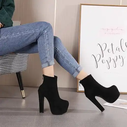 性感高跟鞋16走秀粗跟短筒靴防水台超高跟马丁靴女靴2024新款